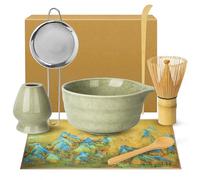 7 Pièces Kit Matcha: Fouet Matcha Bambou, Bol Matcha Bec Verseur, Strainer, Support de Mélange en Céramique, 2 Cuillères à Café, Tissu, Cadeaux Créatifs pour Les Amateurs de Matcha (Matcha Vert)