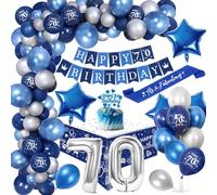 70 Ans Décoration Anniversaire Homme Chrome Bleu Argent,Royal Bleu Ballons Arch Kit avec Joyeux Anniversaire Bannière Cake Topper Nappe Birthday Sash Grand Ballon Numéro 70
