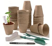 70 pots à semis Ø 8 cm, kit de pots à semis en fibres biodégradables, sans tourbe, avec 70 étiquettes plastiques pour plantes, une paire d’outils de repiquage et un marqueur noir, pour serre et jardin
