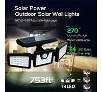 74/100 LED Projecteur solaire avec détecteur de mouvement, 3 têtes, lampe de solaire, convient pour le garage, l'entrée de la cour, le patio, IP65 étanche Projecteur rotatif à trois têtes amélioré 74