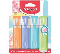 Maped Surligneur FLUO'PEPS PASTEL – Pointe biseautée, longue durée – Blister 4 couleurs pastel