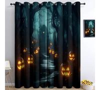 75 x 166 cm Lot de 2 Rideaux 100% occultants à Isolation Thermique Halloween Forêt Lanternes Citrouilles Tissu Doux et Infroissable, Double Rideau à œillets pour Chambre Salon Cuisine, Vert Foncé