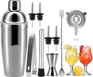 750ML Cocktail Shaker Set Acier inoxydable Professional 10-Piece Bar Accessory Set incl. Shaker Jigger Tamis Pince à glace pour la maison Bar Cocktail Mixer Kit