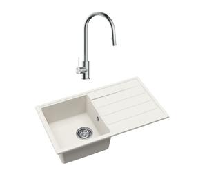 76x44 cm évier avec égouttoir réversible en granite à en castrer + mitigeur avec douchette 2 jets, blanc (SATSINKGE3W-SET1)