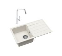 76x44 cm évier avec égouttoir réversible en Granite, à encastrer, blanc + mitigeur lavabo/cuisine Grohe Start (SATSE3WG304)