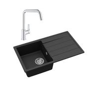 76x44 cm évier avec égouttoir réversible en Granite, à encastrer, noir + mitigeur lavabo/cuisine Grohe Start (SATSE3BG304)