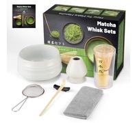 7PCS Matcha kit ceremonie japonais, Cuillère en bambou, pelle en bambou, Porte-Fouet, Coffret matcha pour la cérémonie du thé, la boisson (Matte White, BAMBOO)