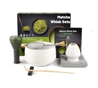 7PCS Matcha kit ceremonie japonais, Cuillère en bambou, pelle en bambou, Porte-Fouet, Coffret matcha pour la cérémonie du thé, la boisson (Matte White, Résine)