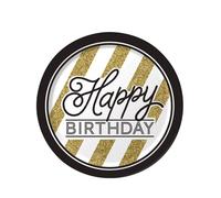 8 Assiettes En Carton Happy Birthday Noir Et Or 23 Cm