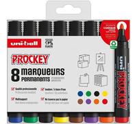 uni-ball UNIBALL PROCKEY PM122, 8 Marqueurs permanents 1,2-1,8mm - Assortis | Uni Mitsubishi Pencil - Super Ink pigmentée, permanent inodore, couvrance totale, Ne traverse pas le papier, Multisupport