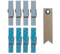 8 mini pinces à linge aimantées bleues 3,5 cm + 20 étiquettes kraft Fanion Bleu G