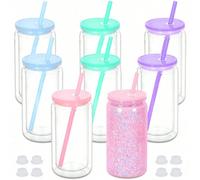 8 pack de 16 oz Tasses à double paroi en forme de boule à neige, Bocaux Mason à paillettes DIY avec couvercle, paille et bouchon en silicone - Lavage à la main, ni PVC, bouteilles d'eau en plastique l