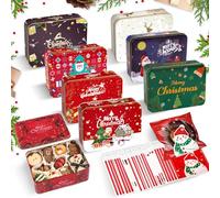 8 Pièces Boîte à Biscuits de Noël en Métal avec 100 Sachets à Biscuits | Boite en Fer Biscuit Boîtes Cadeaux pour Confiseries Chocolat Thé Café Bon de Noël