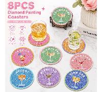 8 pièces Set de sous-verres à cocktail DIY en peinture de diamant, surface de diamant brillante ronde, adhésif solide avec tous les outils, facile pour les débutants, soulagement du stress fait main,