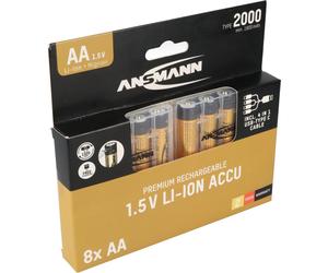 8 piles rechargeables Li-Ion Ansmann Premium AA type 2000 mAh, avec possibilité de recharge via USB-C, lot de 8 comprenant 2 boîtiers de recharge et un câble de recharge USB-C à 4 ports