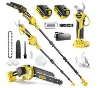 8 Pouces Mini Tronconneuse avec Perche & Secateur Electrique, 4-en-1 Ensemble d’Outils de Jardin avec 2 * 4000 mAh Batteries, Moteur Brushless, Portée Maximale Jusqu’à 4,2 m pour Jardinage/Arbres