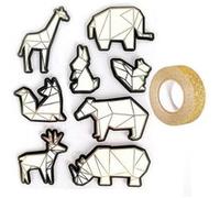 8 stickers 3D animaux du zoo 6 cm + masking tape doré à paillettes 5 m Multicolore G