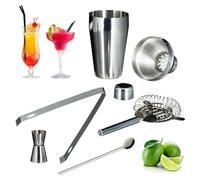 8 x sets à cocktail 5 pièces, acier inoxydable, shaker, passoire, cuillère de bar, pince, shaker à cocktail, doseur de bar, argenté
