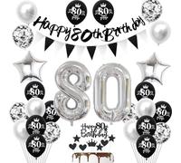 80 ans Anniversaire Décoration homme femme, Noir Bannière 80 ans Anniversaire Guirlande Déco 80 ans Anniversaire femme Ballons argentés 80 ans Anniversaire Décoration gâteau 80 ans homme femme