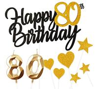 80 Ans Noir Or Decoration Gateau Anniversaire 9 Pcs,Double Glitter Happy 80th Birthday Cake Topper Deco avec,80 Ans Bougies,Star Heart Cupcake,Décoration de Gâteau pour Femmes/Homme