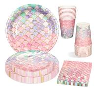 80 Pièces Sirène Anniversaire Ensemble De Vaisselle, Rose Violet Décoration D'anniversaire pour 20 Personnes Enfants Fête Assiettes en Carton Serviette Gobelets pour Anniversaire D'enfant