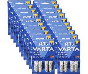 80 piles VARTA Ultra Lithium AA Mignon, modèle 6106 FR14505, 1,5V, 3000mAh - conditionnées en 20 blisters de 4 piles