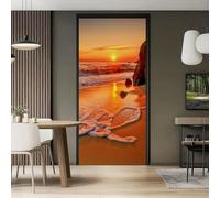 80 x 210 cm Sticker porte Trompe l'oeil Effect Papier Peint, Couleur Orange Nature Plage Coucher De Soleil Auto-adhésif Autocollants PVC Imperméable pour Chambre Salle de Bain Cuisine Décoration