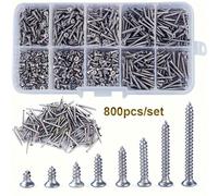 800 pièces Ensemble de vis à bois auto-taraudeuses, vis à tête plate cruciforme M2 fines, kit d'outils de vis auto-taraudeuses Acier au carbone