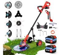 800W Debroussailleuse Electrique sans Fil a 2 21V 3.0Ah Batterie avec Roues, 4 Types Lames, Coupe-Bordure sur Batterie Se Transforme en Dresse-Bordures, Debrouissalleuses Batteries pour Jardin