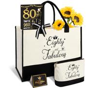 80e Cadeaux d'anniversaire pour femmes Sac fourre-tout en toile Équipement de voyage, cadeaux uniques de 80 ans pour femme mère tante amis, sac à main et trousse de maquillage et affiche