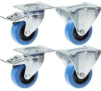80mm 3" castor blue rubber brake & fixed strong 560kg capacity, set of 4