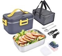80W Gamelle Chauffante Electrique,1.8L Chauffage Rapide 12V 24V 220V Lunch Box, 3 en 1 Portable Boite Repas avec Couverts et Sac