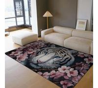 80x120cm Tapis d’Espace pour Salon Rugs lavables Tigre Blanc Doux et Neutres Yeux Bleus Animaux Fleur de Cerisier Rose Tapis Fins pour Le Bureau