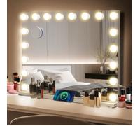 80x62cm Miroir de Maquillage Hollywood avec 18 LED Lumière 3 Modes Réglable + USB Charge + Ecran Tactile + Loupe 10x Blanc