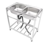 83x43,9x77 cm Évier Autoportant en Acier Inox 2 Bacs Plonge Inox pour Cuisine, Restaurant, Garage, Jardin,Charge maximale 75 kg,Évier de cuisine mobile Multifonction Évier commercial avec meuble bas