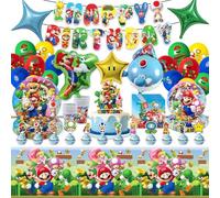 86 pièces Super Bro Décorations pour anniversaire, Set de vaisselle pour fêtes sur le thème de dessins animés pour anniversaires d'enfants, Fournitures pour fêtes avec ballons, assiettes en carton
