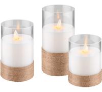 8x Goobay 77773 Lot de 3 bougies LED en cire véritable dans un verre, blanches, entourées de chanvre, blanc-beige - avec fonction minuterie et mèche 3D, fonctionne sur piles, blanc chaud (2700 K)