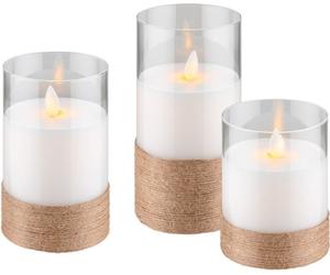 8x Goobay 77773 Lot de 3 bougies LED en cire véritable dans un verre, blanches, entourées de chanvre, blanc-beige - avec fonction minuterie et mèche 3D, fonctionne sur piles, blanc chaud (2700 K)