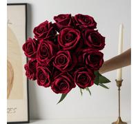 9/5/1 pièce Roses artificielles bordeaux, bouquet de mariée artificiel de 19,7" Fleurs d'imitation en velours réalistes Roses fausses pour la chambre, décoration d'automne pour Thanksgiving, fournitur