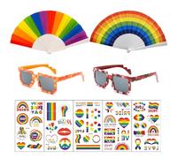 9 Pièces Accessoires,Accessoires 2pcs Arc en Ciel Eventail +2pcs Lunettes de Soleil Arc-en-ciel en forme de Coeur+5 Feuilles Tatouage Temporaire Pride pour Festivals Party les Fêtes Marche des Fiertés
