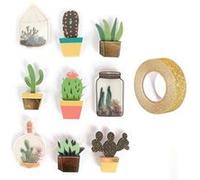 9 stickers 3D cactus et botanique 4 cm + masking tape doré à paillettes 5 m Multicolore G