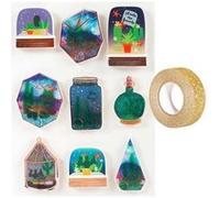 9 stickers 3D Succulentes en bocal + masking tape doré à paillettes 5 m Multicolore G