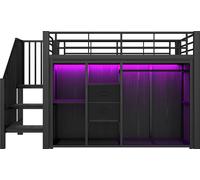 90*200 cm, lit mezzanine, 2 tiroirs, armoire ouverte, éclairage LED multicolore, plusieurs compartiments de rangement, sans matelas, noir