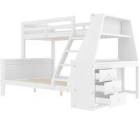 90*200cm+140*200cm Lit superposé, lit d'enfant, équipé d'une table, grand espace de rangement, garde-corps haut,position de l'échelle en option, blanc