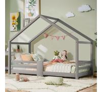 （90×200cm，Gris）Sauvegarde Lit d'enfant Lit de maison avec cheminée Lit simple Lit au sol Lit en pin avec clôture et sommier à lattes pour enfants garçons filles