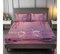 90 x 190 cm Drap Housse Microfibre, Cygnes De L'Étang De Rêve Imprimé Parure De Lit Doux Élastique Drap Housse 30 cm Profonde pour Matelas Epais - sans Plis - Convient à Toutes Les Saisons, Rose