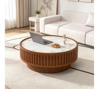 90cm Table Basse Ronde avec Plateau en Pierre Frittée,Marron | Table Basse Circulaire En Cannelée,Table Basse Ronde Modernebois Plateau Épais Pour Salon,Montage Facile