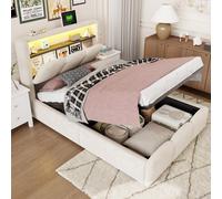 90x200 cm lit enfant rembourré avec LED, USB et Type-C, tête de lit avec espace de rangement, coffre de lit hydraulique, design pétales, velours beige