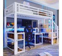 90x200 cm lit mezzanine avec bureau, bande LED, port USB, escalier avec espace de rangement, compartiments de rangement et barrière de sécurité, cadre en fer blanc