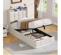 90x200 cm Lit Simple Capitonné avec Led,avec sommier en Métal,Lit Coffre Rembourré Hydraulique avec USB et Type-C,Beige+Lin